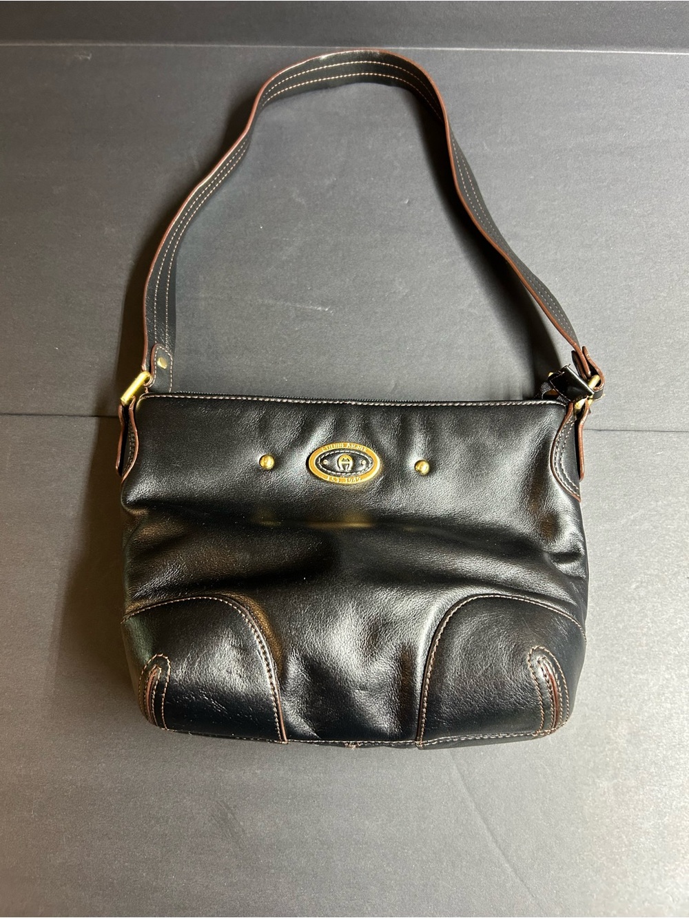 Etienne Aigner Black Leather Hobo Shoulder Bag with Gold Hardware & Brown Trim - Picture 3 of 11